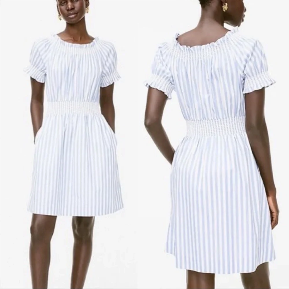 J. Crew 100% cotton Smocked puff-sleeve poplin dress in stripe blue white S